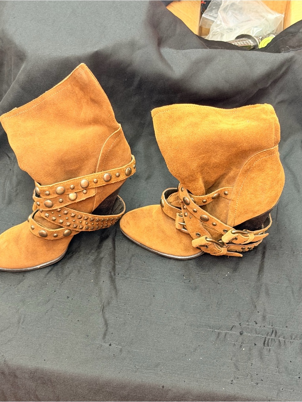 BCBG Tan Suede Studded Wrap Ankle Booties
